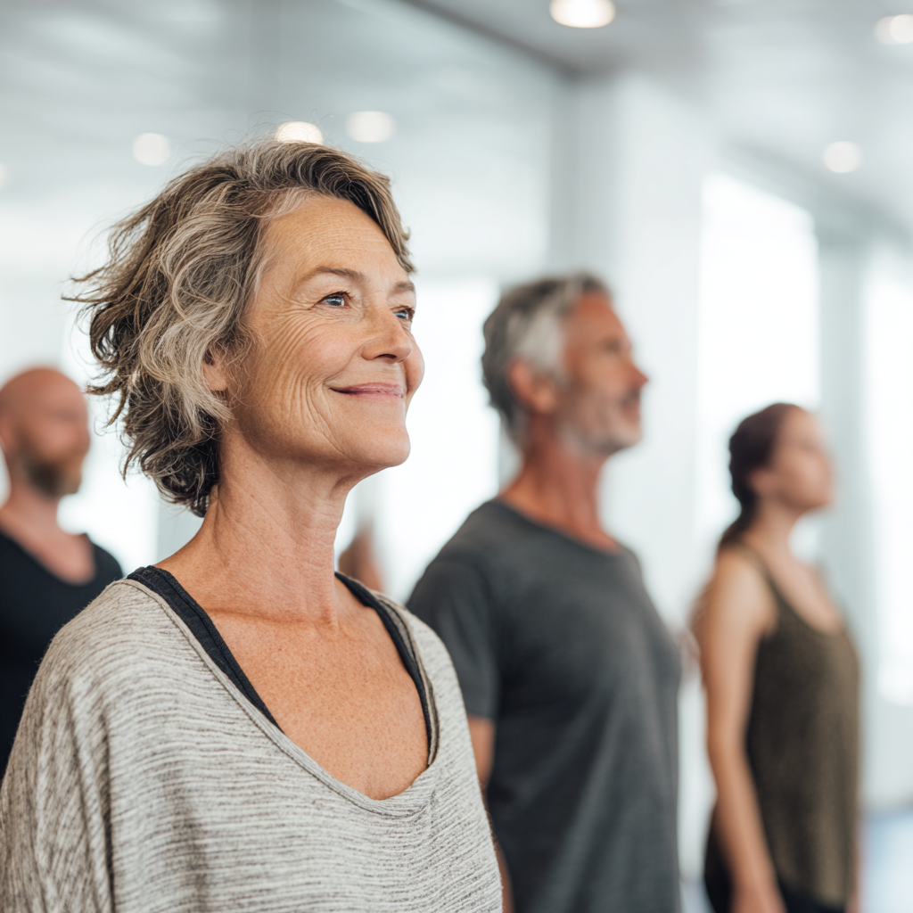 Middle-aged adults practicing mindful movement exercises in a bright studio space