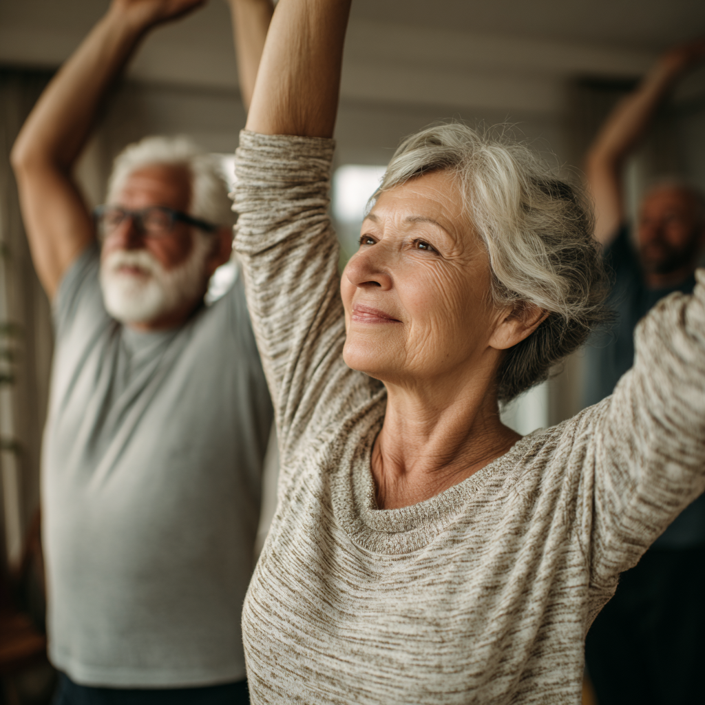 Older adults engaging in morning stretching routine in a peaceful home environment